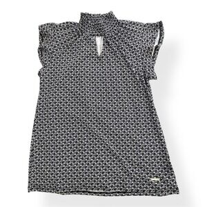 Anne Klein Women's Flutter Sleeve Blouse Mandarin Collar Navy Blue White‎ Size S